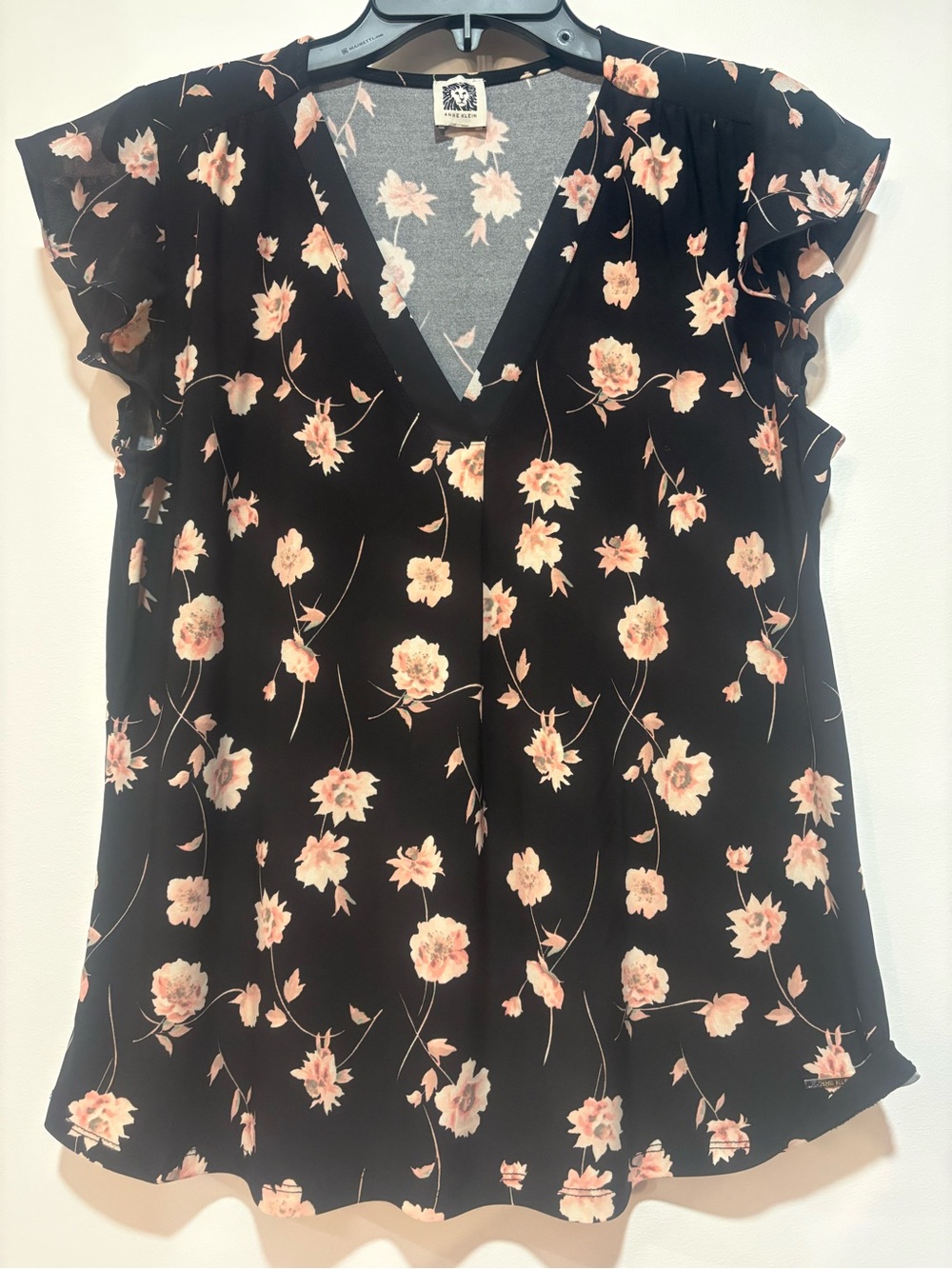 Anne Klein Black V-Neck Flutter Sleeve Blouse with Blush Floral Print